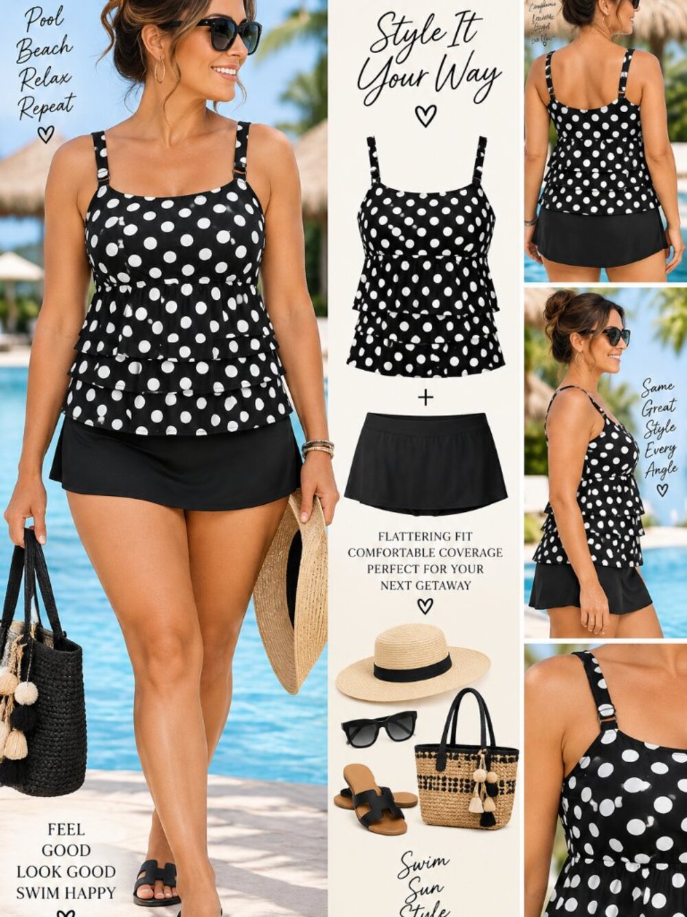 Cacique Black & White Polka Dot Tankini β Size 14